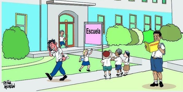 Imagen de una escuela y estudiantes