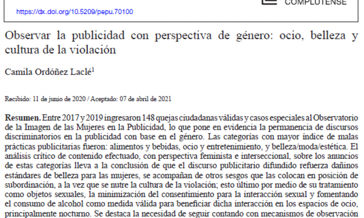 Publicación del artículo «Observar la publicidad con perspectiva de género: ocio, belleza y cultura de la violación»